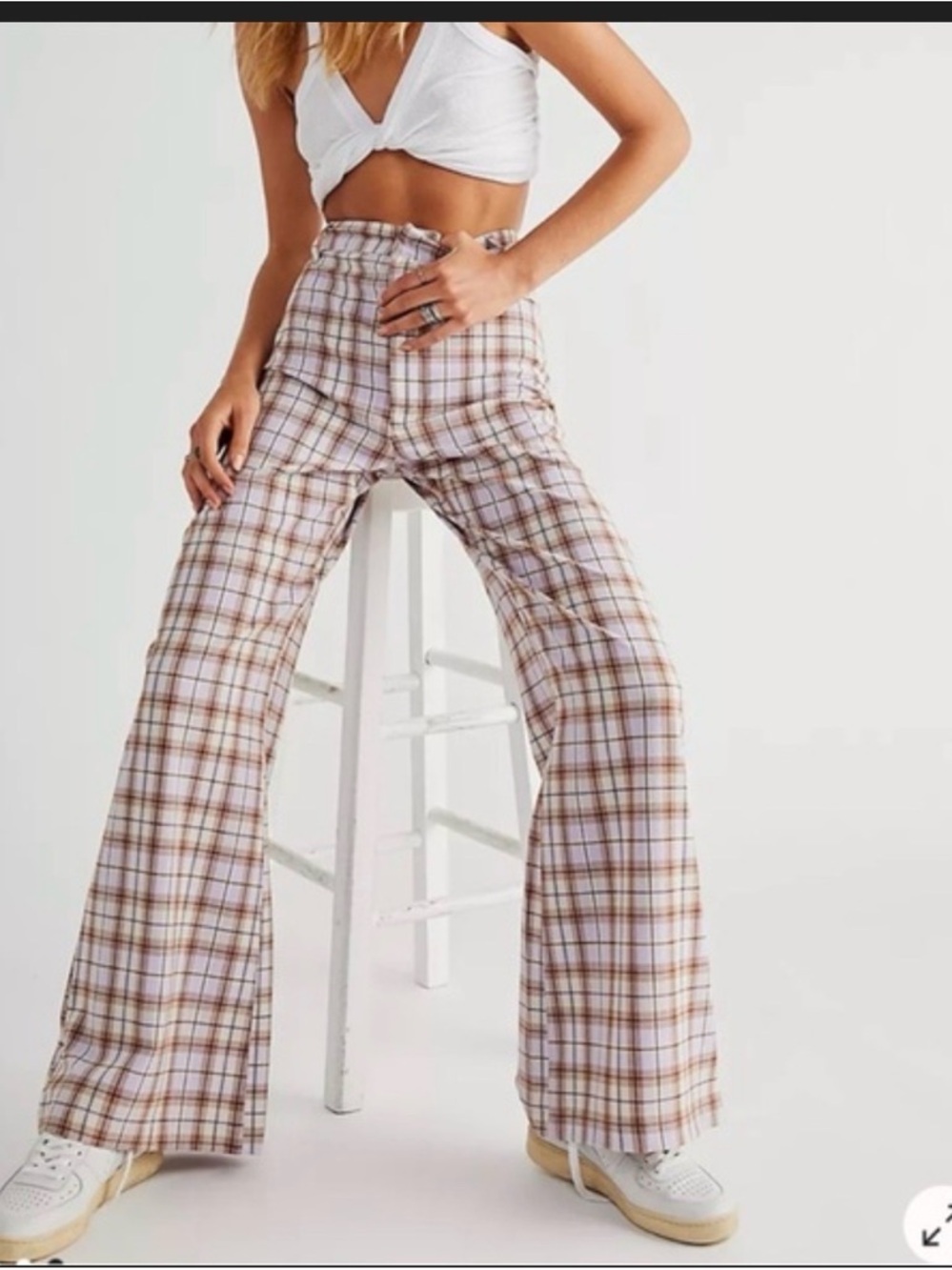 Free People Jules Lavender Purple Plaid Wide Flare leg Trouser Pants 4